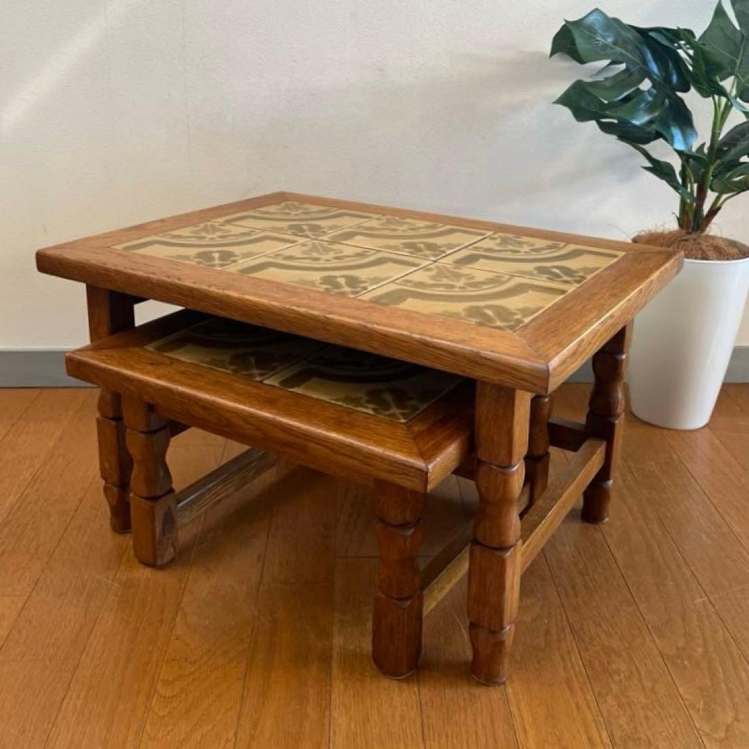 ヴィンテージ　ルーマニア　タイルトップ　ネストテーブル　オーク　サイドテーブル