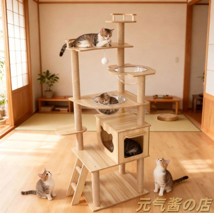キャットタワー 170cm 6 段宇宙船 大型猫用 木製 多頭飼い