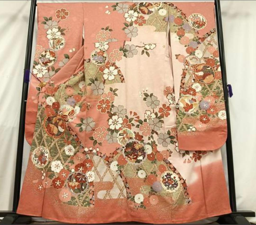 振袖 フルセット6点サイズS〜M 駒刺繍　雪輪花蝶文　金彩　正絹