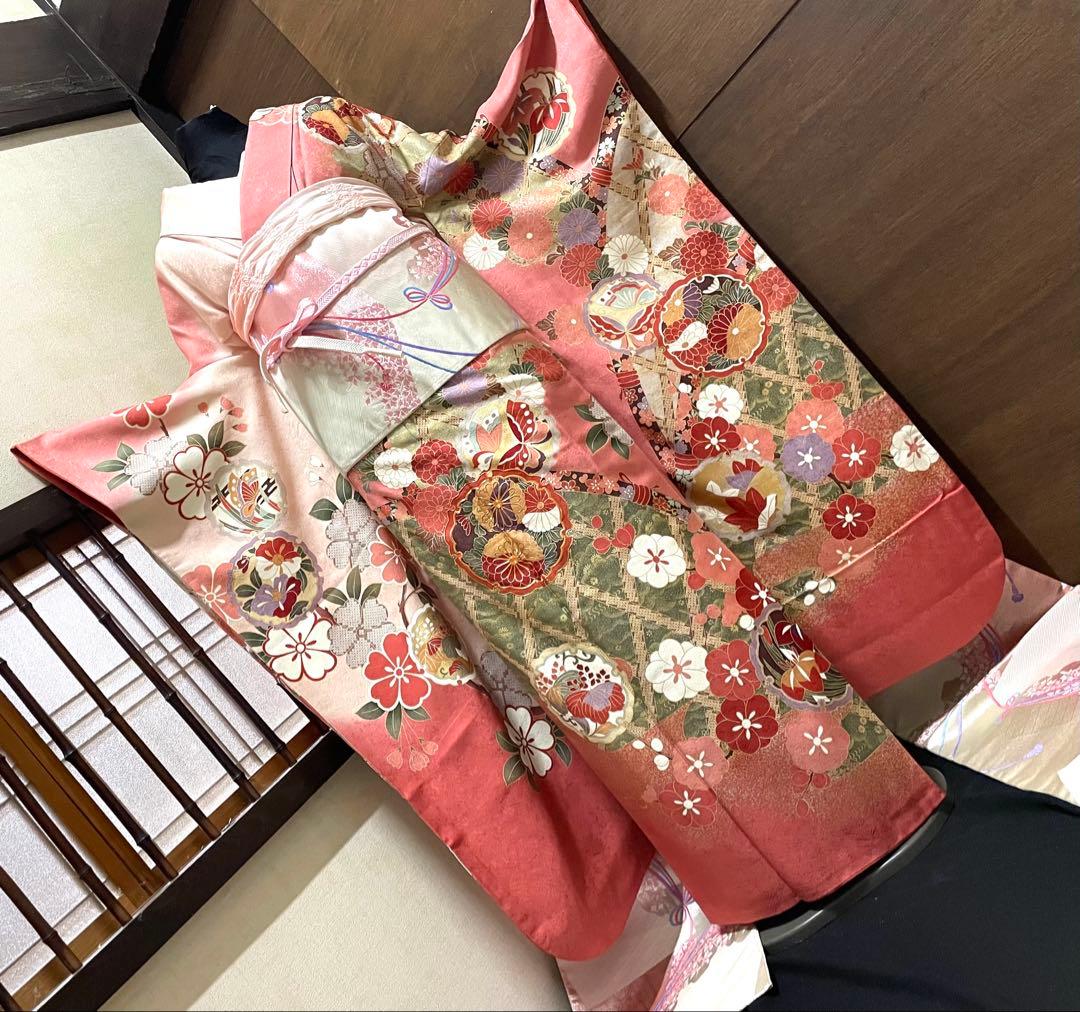 振袖 フルセット6点サイズS〜M 駒刺繍　雪輪花蝶文　金彩　正絹