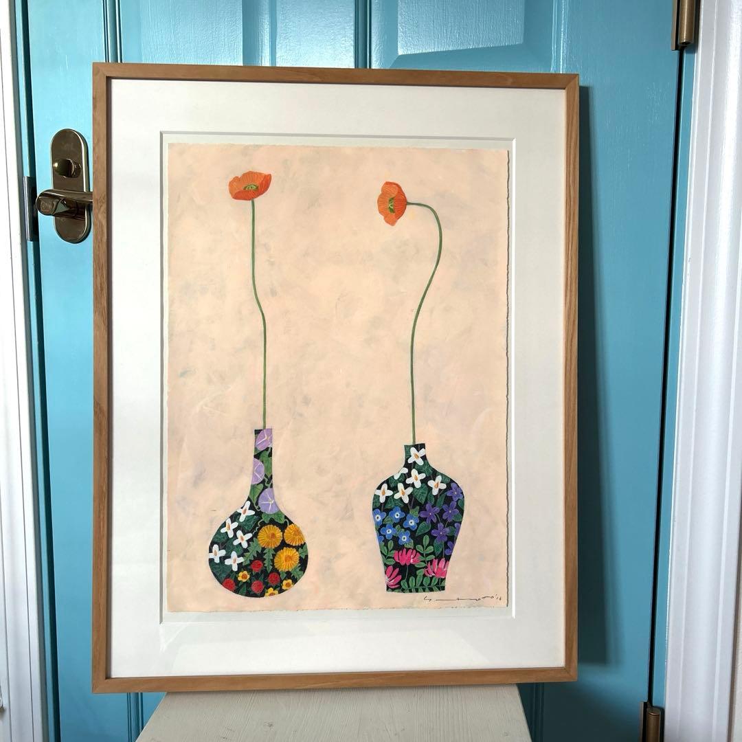 マツモトヨーコ　ドローイング　絵画　「微妙な関係」　ポピーと季節の花ばな