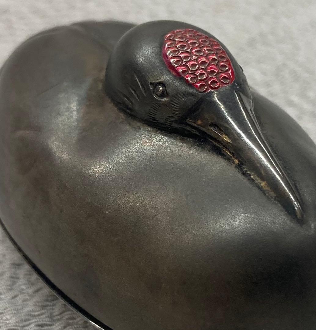 B491s 岡野利光造 鶴亀香合　純銀製　京都　共箱　茶道具　香道具　金工師