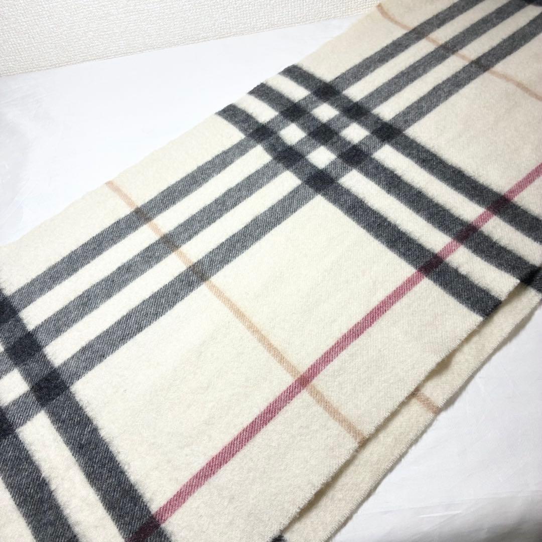 【美品】　バーバリー　カシミヤ100％　マフラー　メガチェック　英製　アイボリー