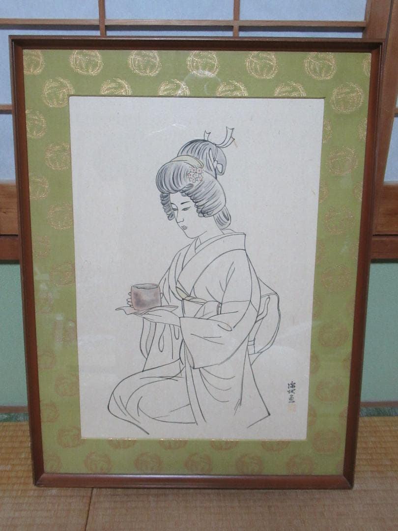 真作 美品 1950年代額装◆伊東深水 直筆「茶の湯」和紙 美人画素描 落款有り