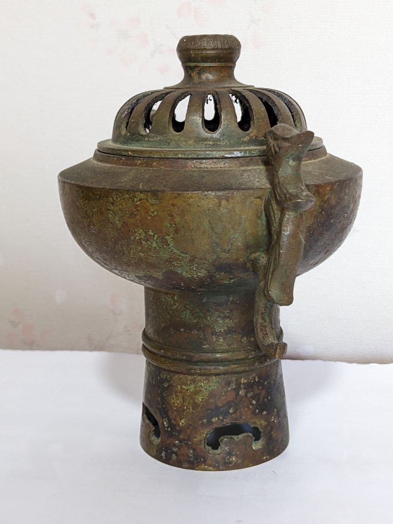 ♦中国古玩 銅製 透かし彫り鳳凰双耳香炉 アンティーク 骨董品コレクション