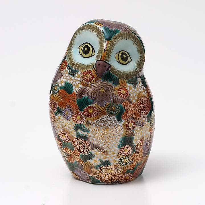 九谷焼 フクロウの置物 陶三九谷落款 高さ17cm 伝統工芸 縁起物　中古美品