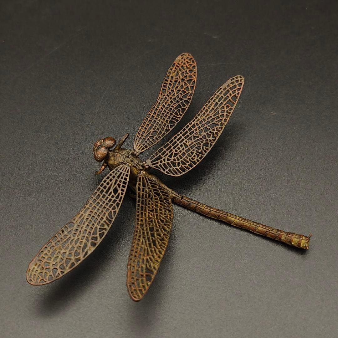 2品　銅製置物　蜻蛉　トンボ　勝虫　雨宮宗作　関節可動　金工品　茶道具