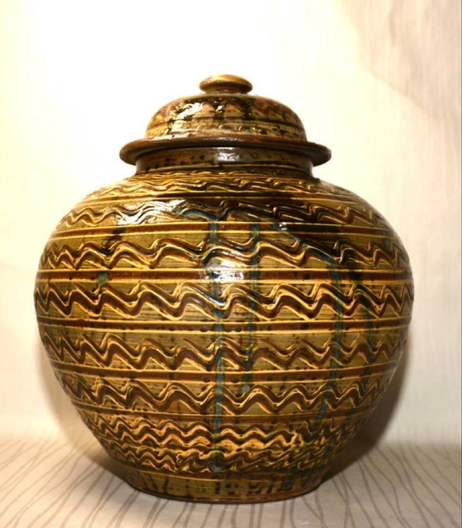小鹿田焼 横縞櫛目緑釉打掛蓋付壺 29cm 未使用美品 民藝
