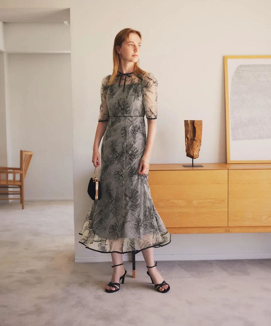 leja 花柄リボンパフスリーブマーメイドワンピースドレス　blue s