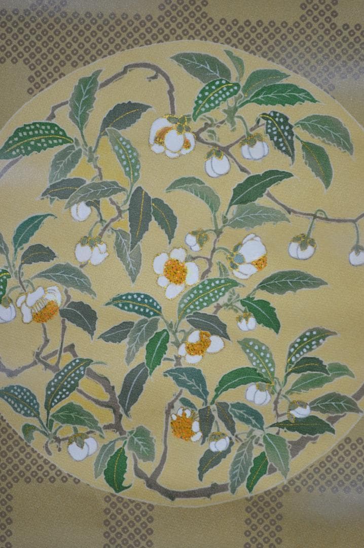 手描き友禅　茶花模様　鹿子　タペストリー