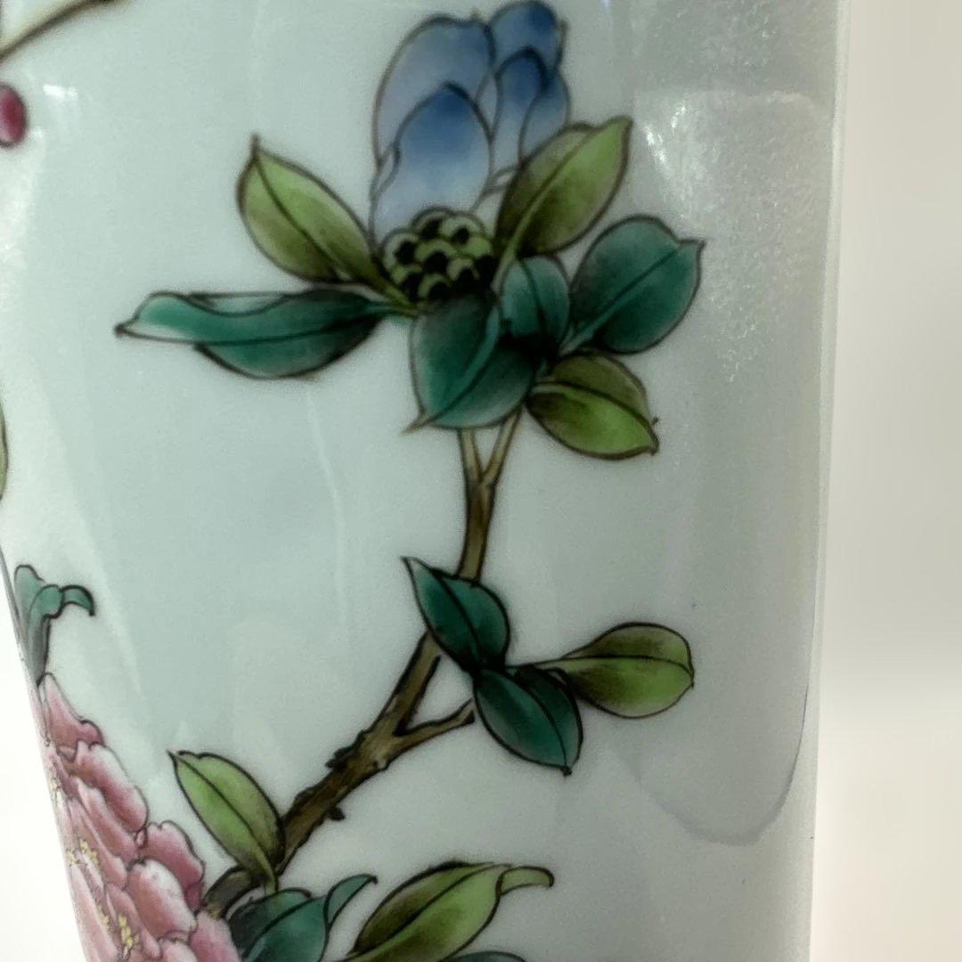 中国，景的鎮，花器，花瓶，花鳥装飾の円筒形陶器