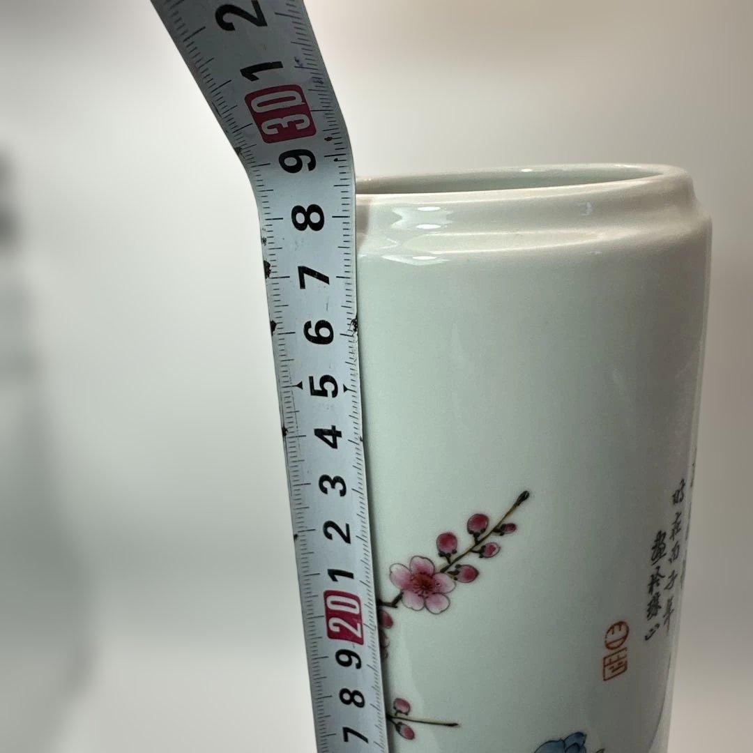 中国，景的鎮，花器，花瓶，花鳥装飾の円筒形陶器