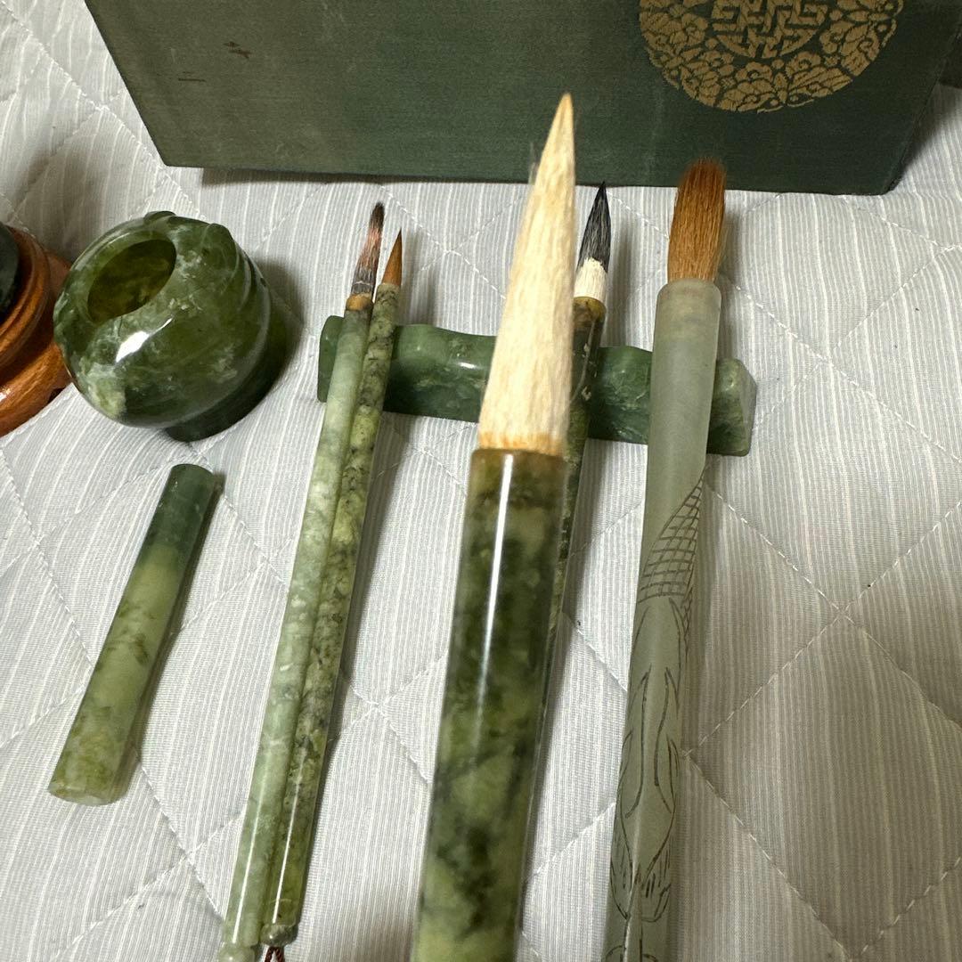 中国美術 和田碧玉 青玉筆 筆入れ 筆筒 書道具セット時代物　原箱付きまとめ