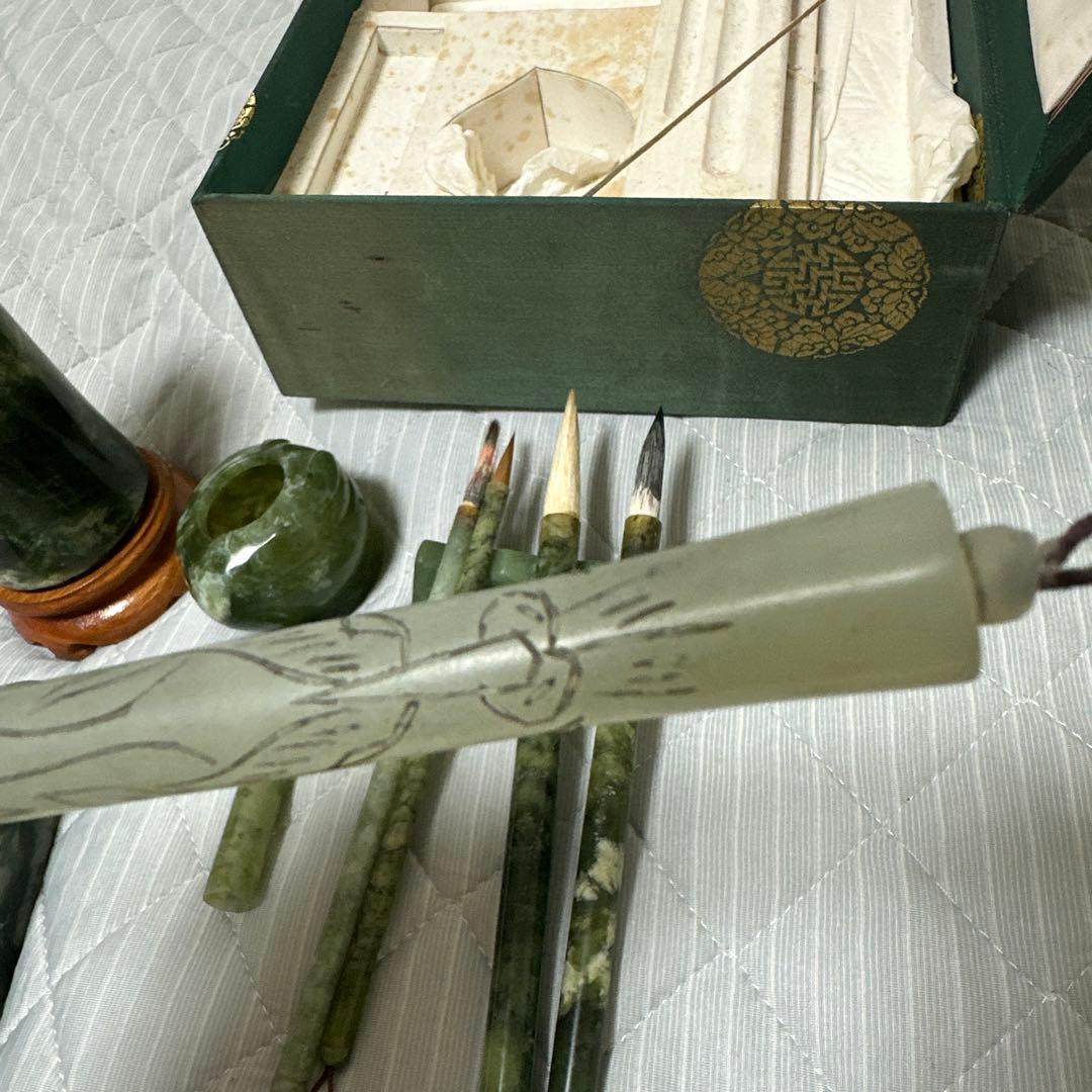 中国美術 和田碧玉 青玉筆 筆入れ 筆筒 書道具セット時代物　原箱付きまとめ
