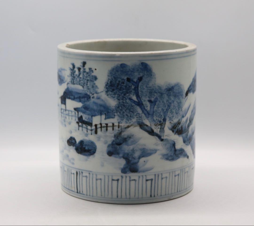 伊万里　染付　山水紋筆入　送料込み250107