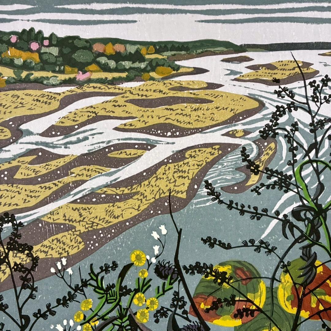 北岡文雄「犀川の秋」木版画 直筆サイン入り 1975年 解説書付属 お洒落な額装