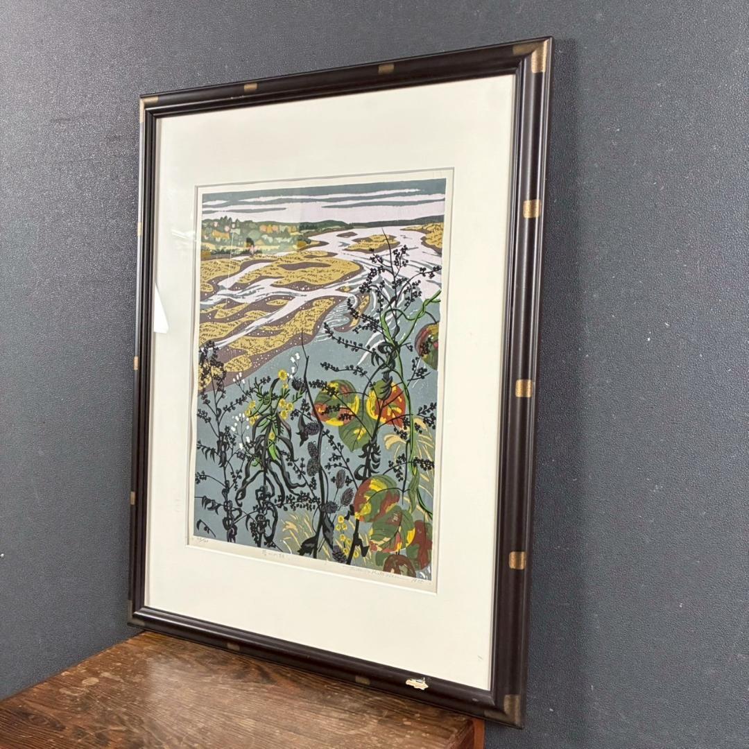 北岡文雄「犀川の秋」木版画 直筆サイン入り 1975年 解説書付属 お洒落な額装