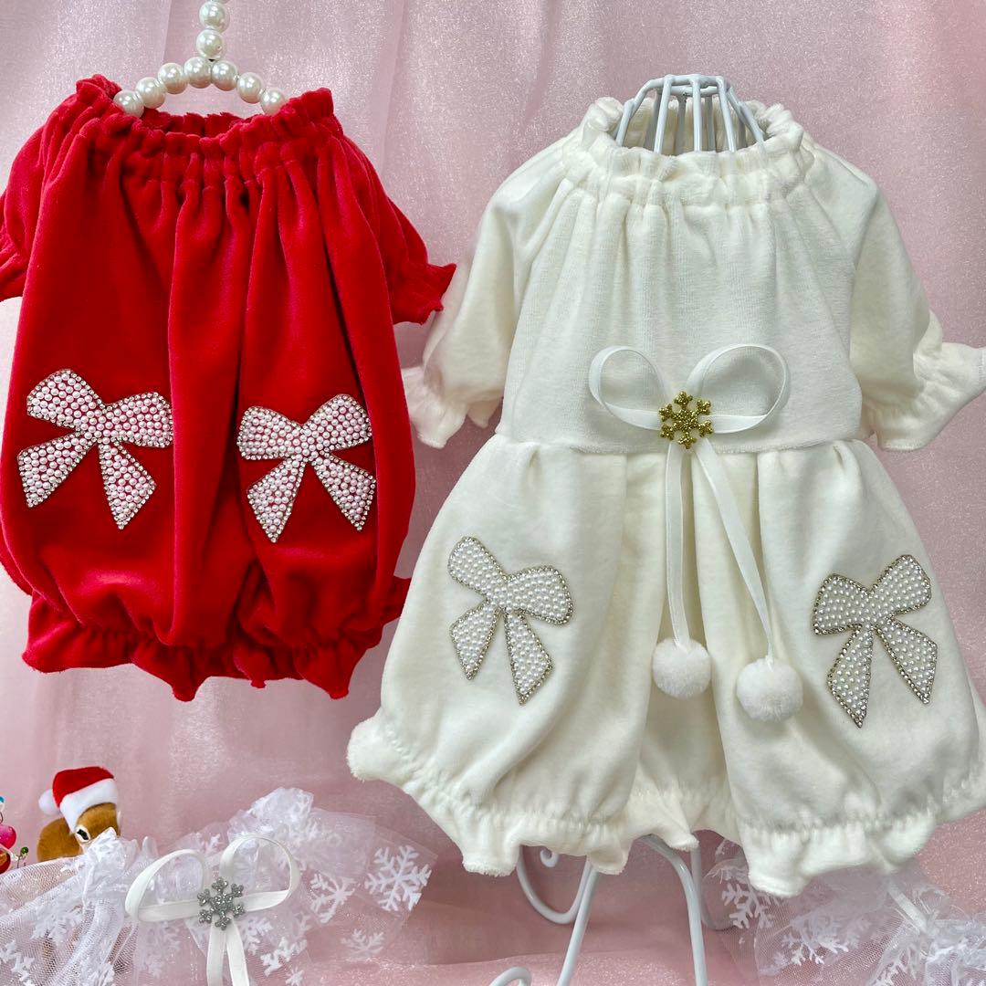 パールリボン♡クリスマス　ネックチュール付き　犬服　ハンドメイド　∞TuTu∞