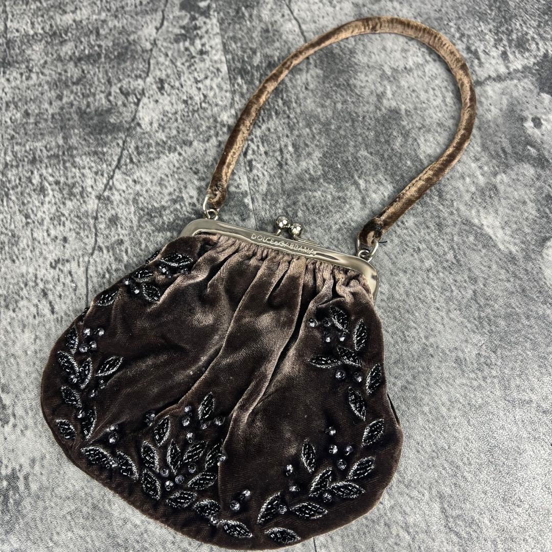 ドルチェ&ガッバーナ ベロア ビーズ刺繍 がま口 ハンドバッグ レオパード
