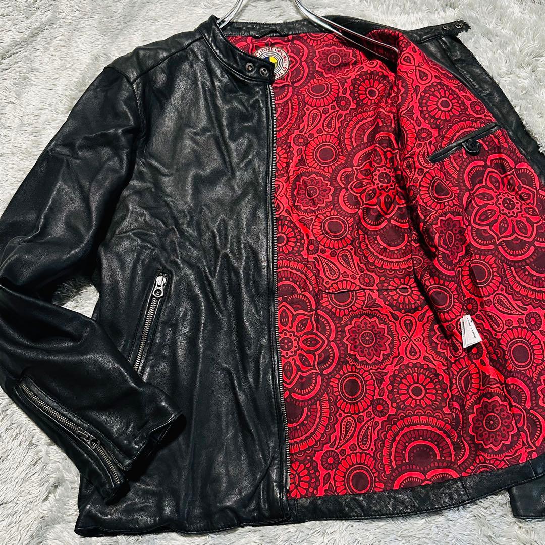 美品 希少L フリークスストア 羊革 シングルライダースジャケット 裏地赤 総柄