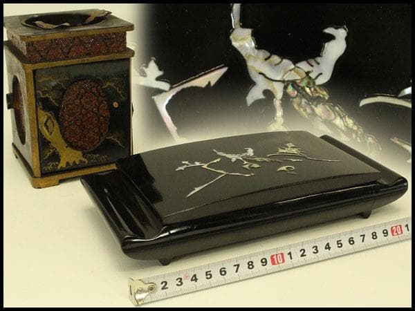 螺鈿蓋物 窓網代 花鳥蒔絵 四方 煙草具 二件(A742)