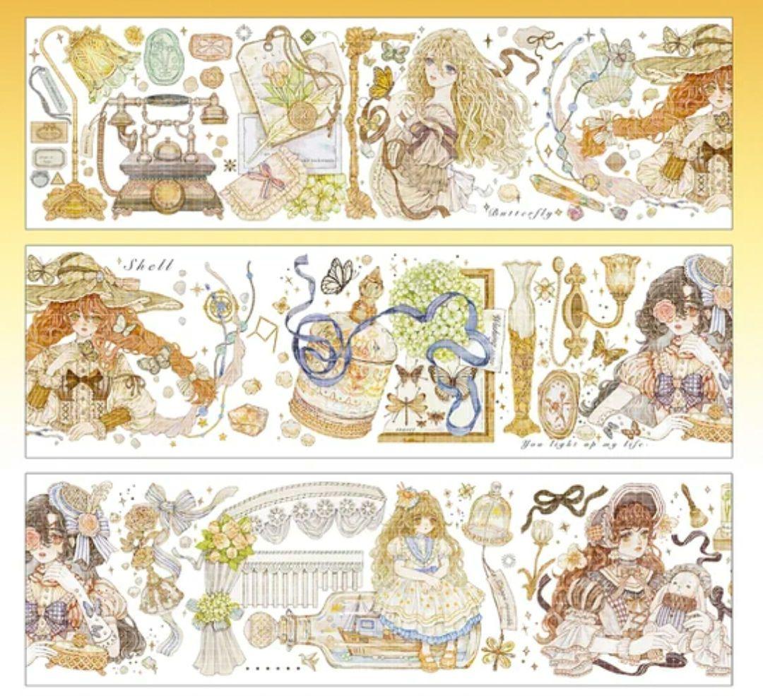 巻売 523★ 海外 マスキングテープ マステ PET 装飾 人物 金ホロ+水晶