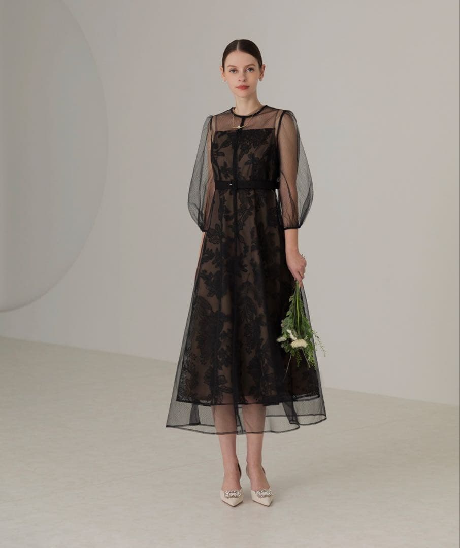 【LEJA】チュールパイピングリーフベルトAラインドレスワンピース Sサイズ