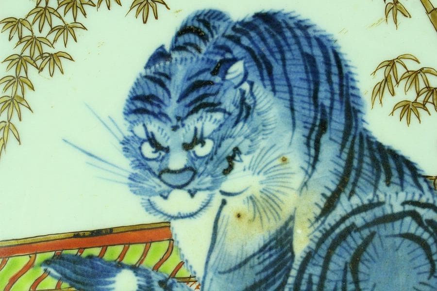 染錦 虎図 大皿 骨董品 φ39cm(K-YC473)