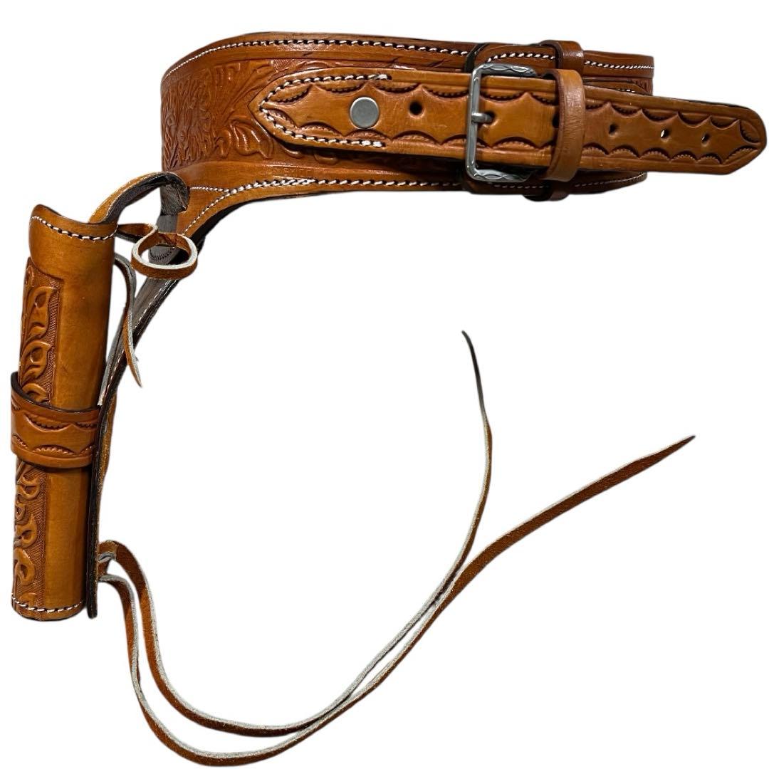 未使用級　カービングレザーガンベルト ナチュラルW最長約109cm最短約94cm