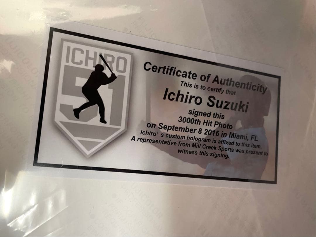 貴重！　イチロー 直筆サイン 3000本安打記念写真 ミルクリーク社証明書付