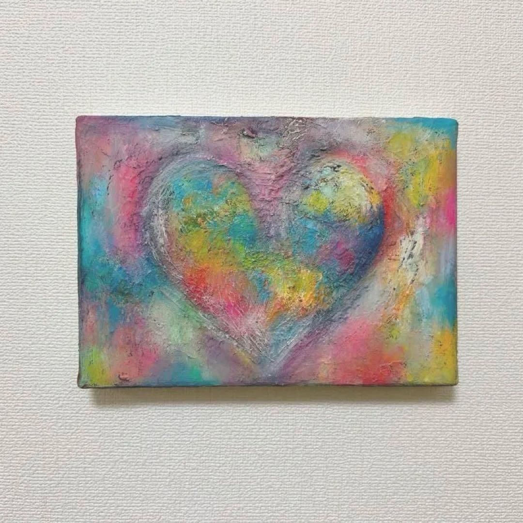 ハートの絵、油絵、原画、インテリア、油彩画、絵画、カラフル、現代アート