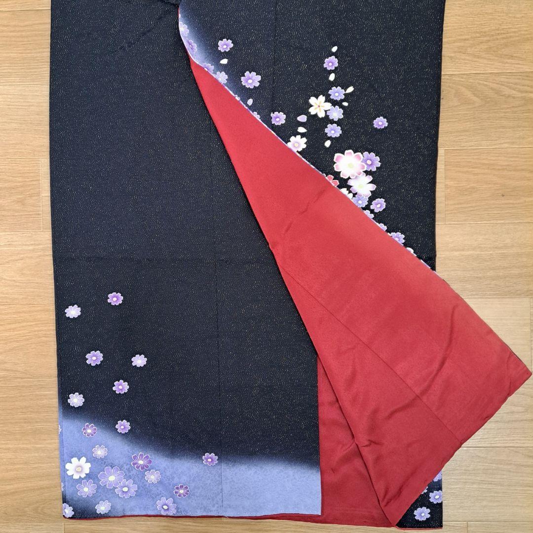 新品同様に近い フルセット 正絹振袖 黒地ラメ入りに紫桜柄 成人式 卒業式に最適