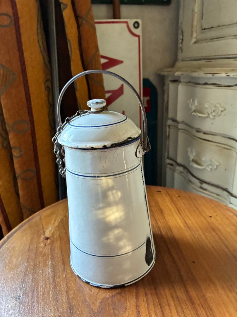 フランス　アンティーク ホーロー ミルク　ポット　キャリー 缶ホワイト　シャビー