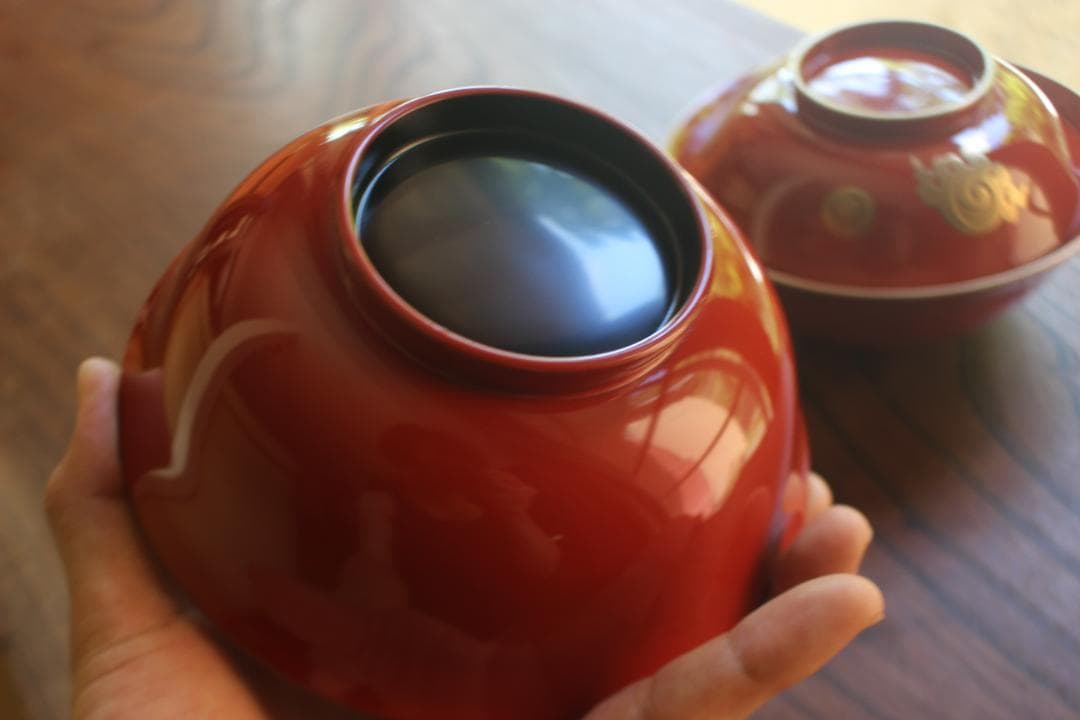 デッドストック！上質金縁朱漆に極上宝珠龍蒔絵の映えるお椀2点（検輪島塗京塗懐石椀