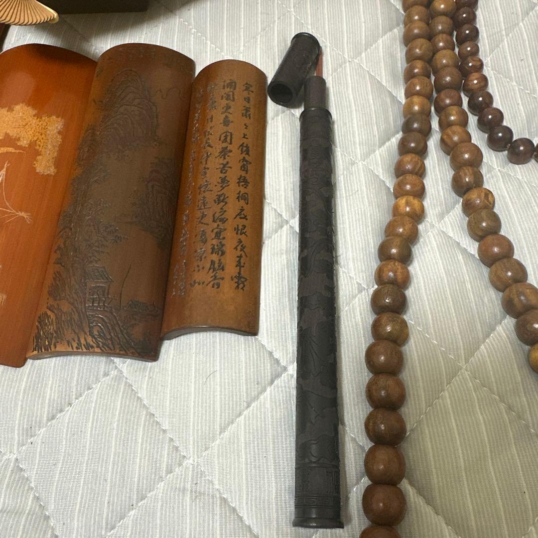 中国 日本時代物白檀念珠紫檀香筒竹彫 詩文 人物 山水 茶道具アンティークまとめ