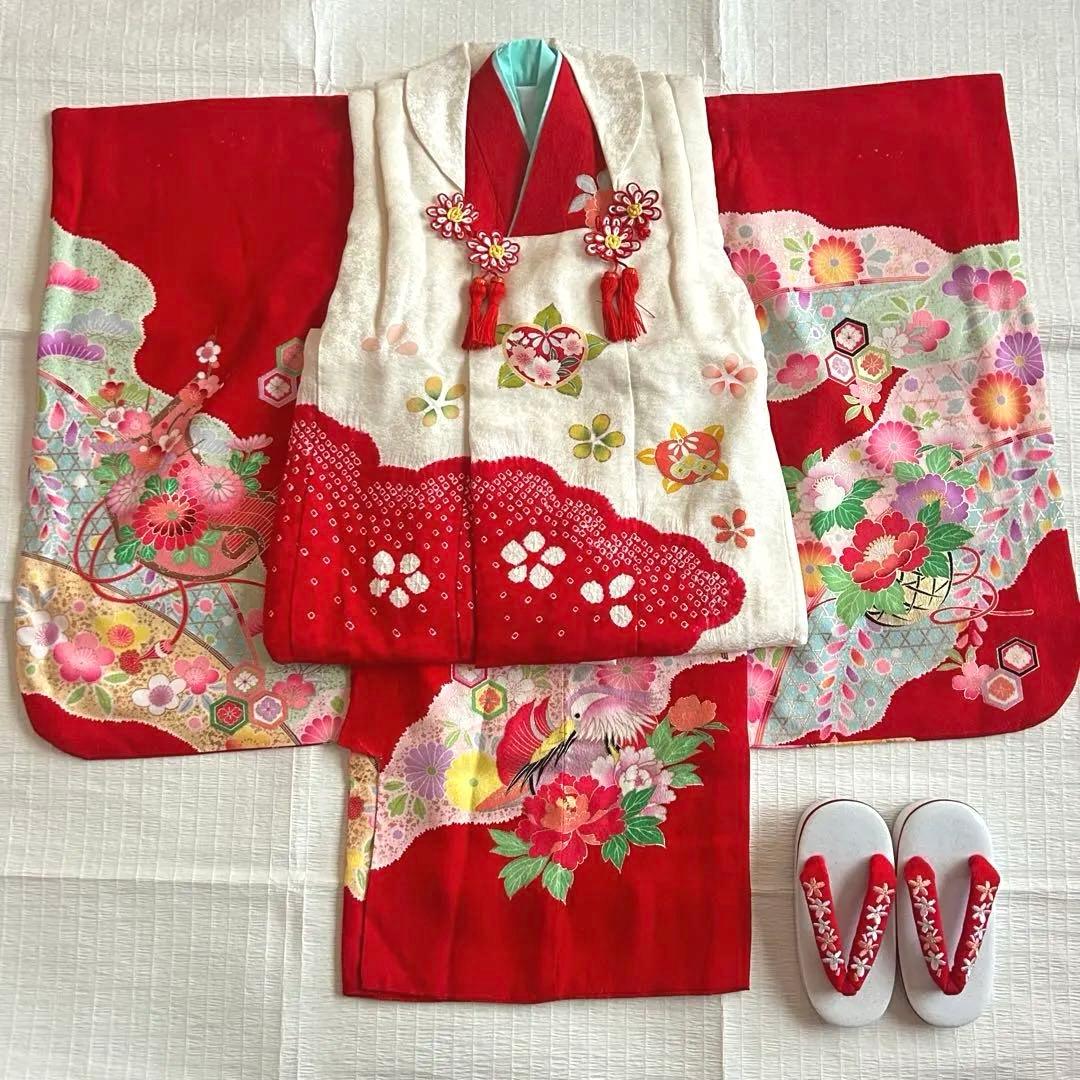 七五三 3歳 絞り 被布 着物 絹 三歳 赤 草履 753 女の子 子供着物 白
