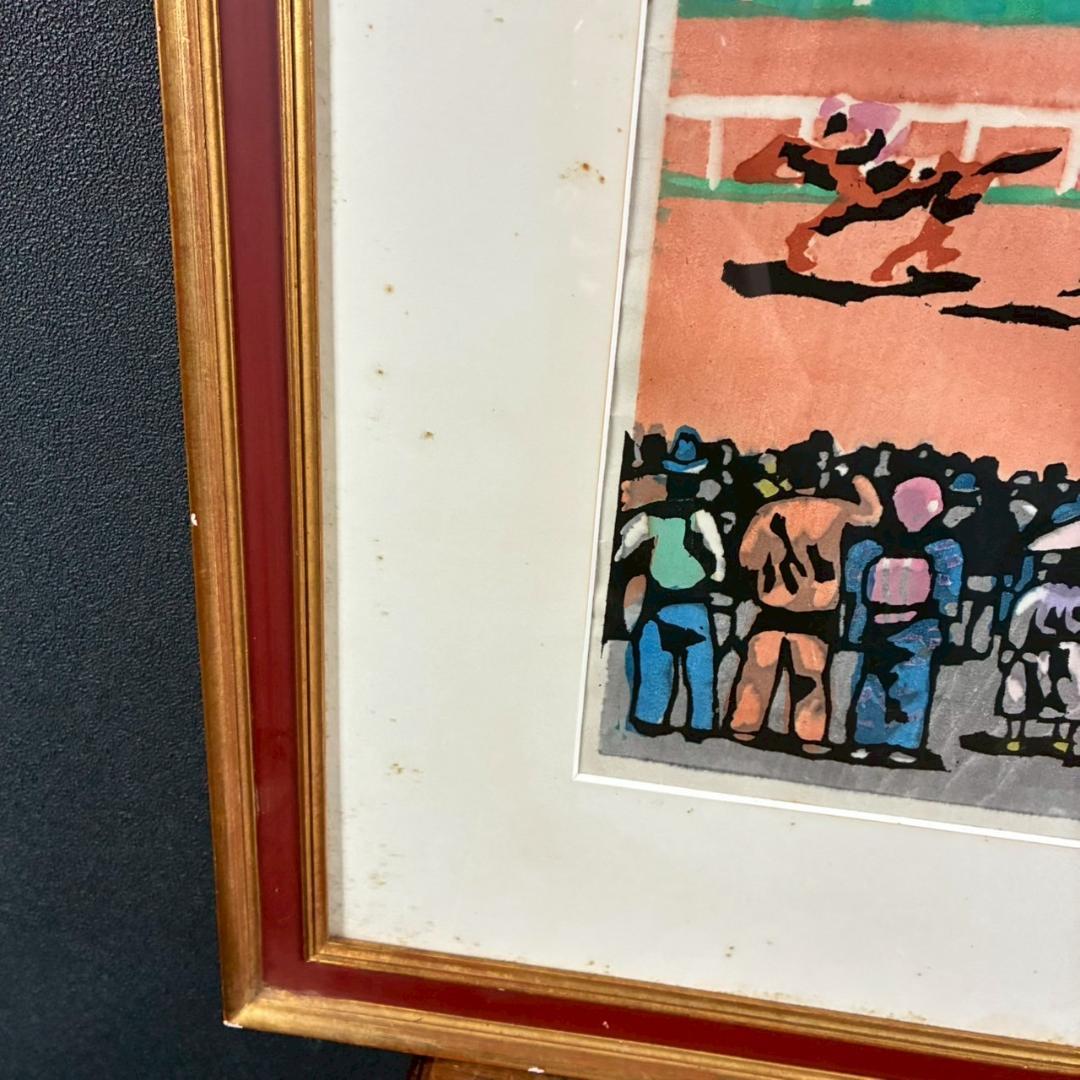 川西英「競馬場（淀）」木版画 直筆サイン入 額縁入 神戸を代表する木版画家