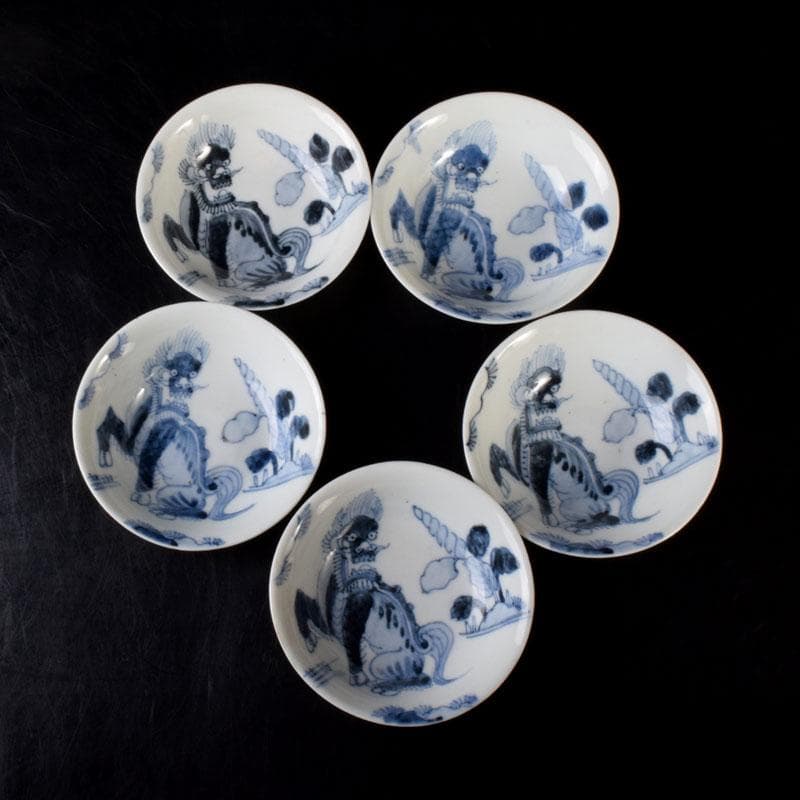 中国　南京染付　神獣文　小皿　豆皿　5客　時代箱付　C　R7810