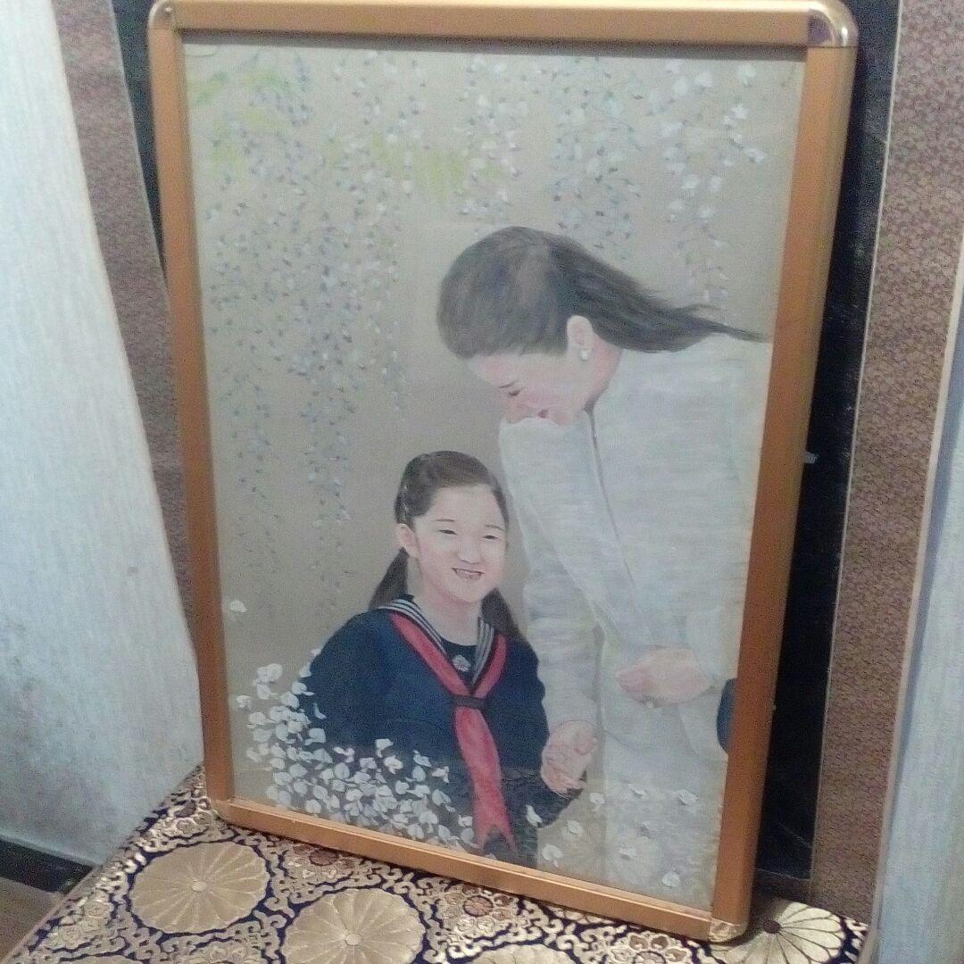 海外コレクター向天皇家雅子皇后様愛子内親王様縦７８X横６７センチ水彩画額装品