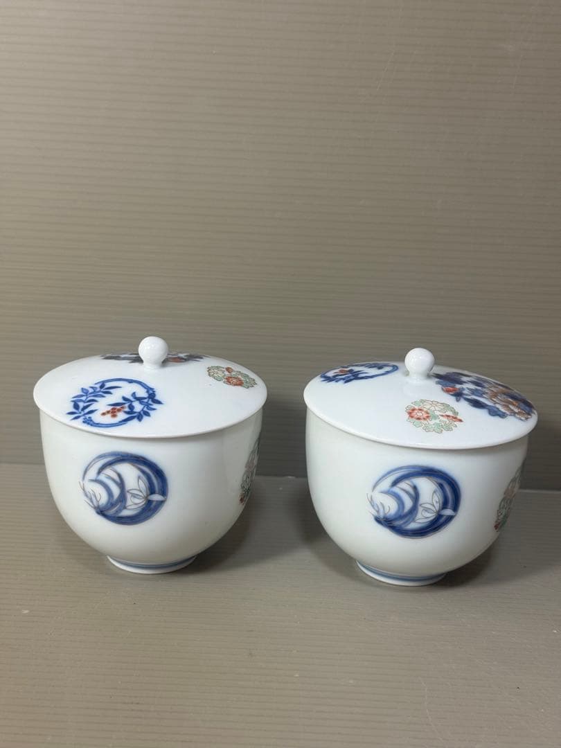 2394 深川製磁 染錦花丸文　湯呑蓋付　2客　時代物