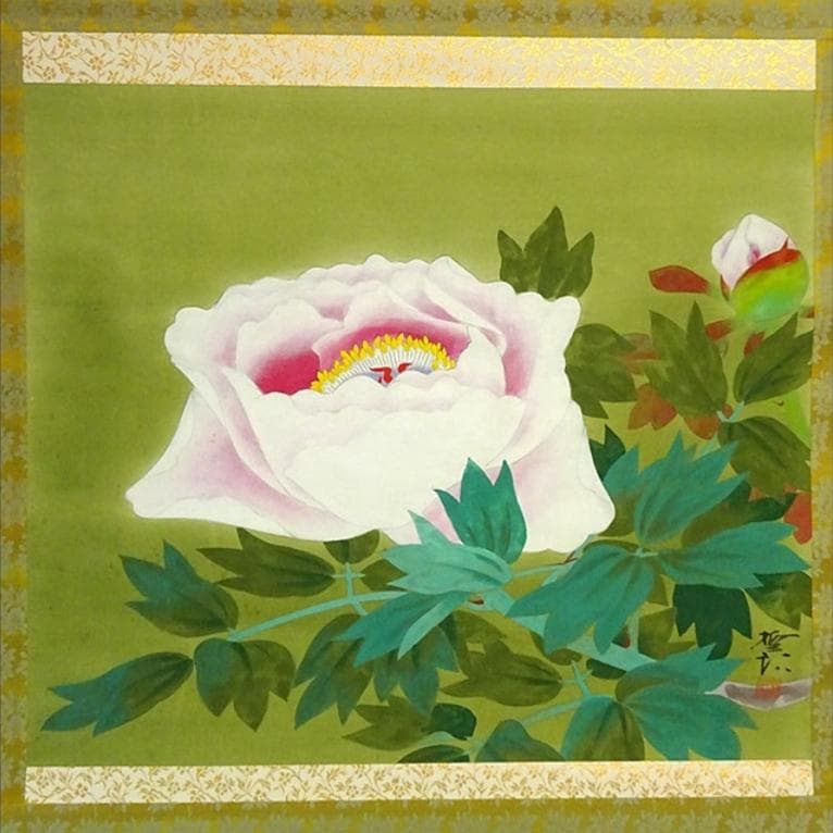 【真作】掛軸 飯島柳三郎『牡丹』絹本 肉筆 共箱付 掛け軸 a090311