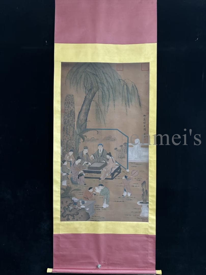 中国古美術・純手描き柳陰対弈図・六尺掛軸・水彩画・唐寅印款・書道品・絹本・肉筆