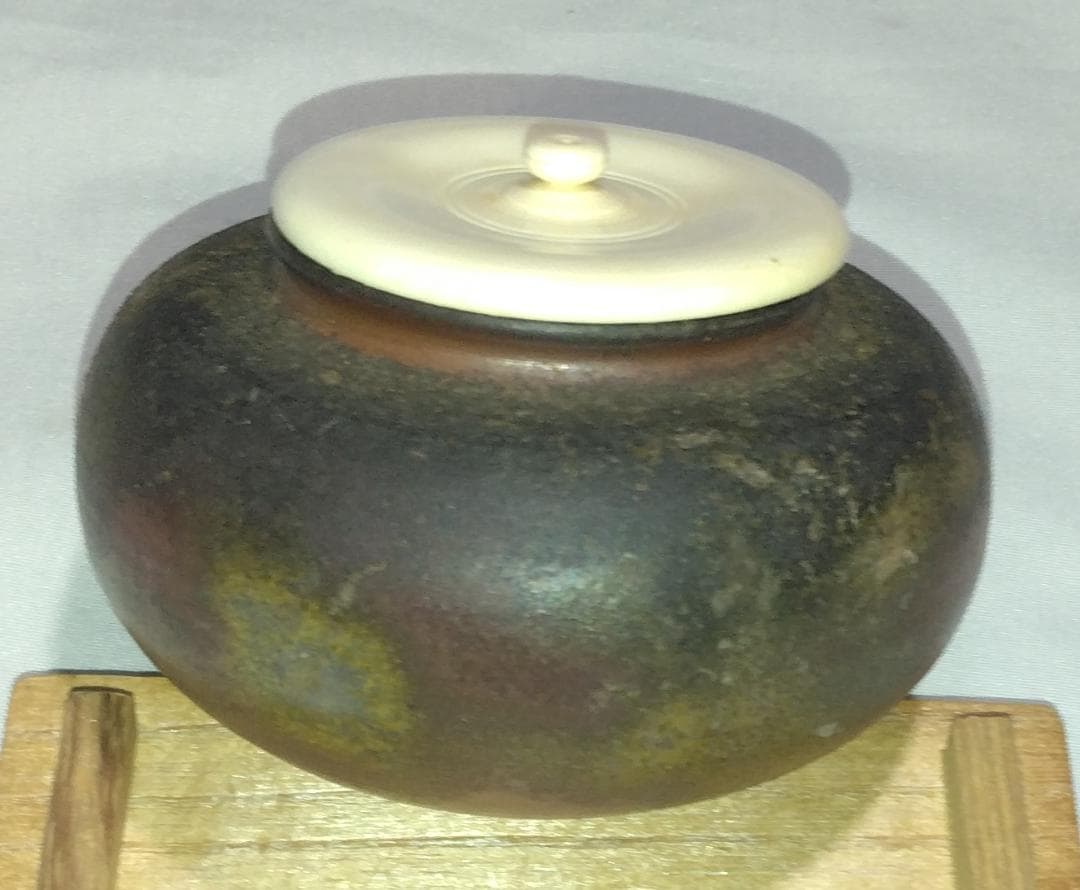 茶道具　備前焼　木村陶峰作　備前桟切焼大海茶入　高昌吉洋文仕覆付　美品！！