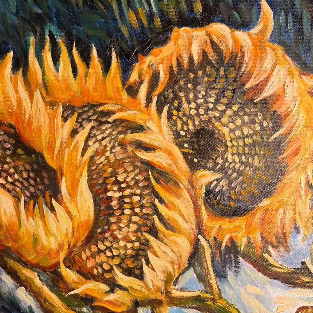 ★秀作★ 手描き油絵 ゴッホ 4本の切ったひまわり 絵画 インテリア 油彩画