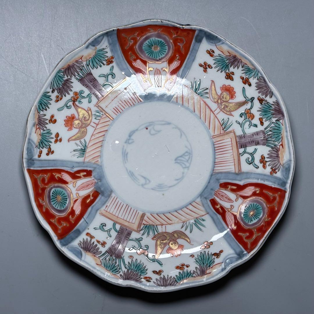 古伊万里　色絵花鳥図輪花形七寸皿　松竹梅　裏巻物文様　江戸期　金蘭手　最後の四枚