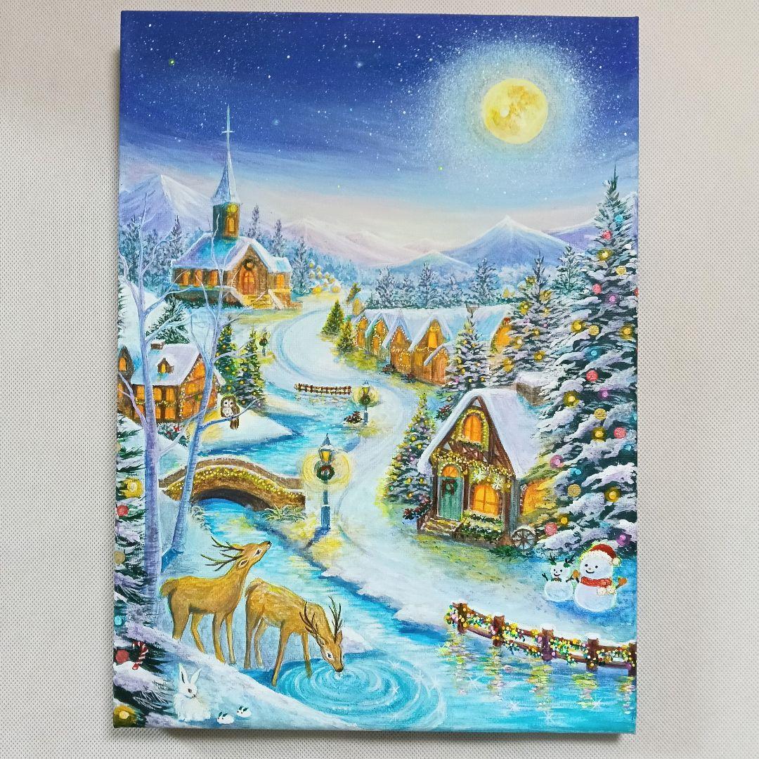 No.555 大きめF4 クリスマス　雪景色　冬景色　鹿　アクリル画　原画