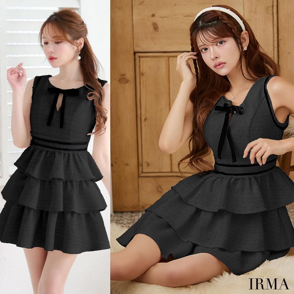 IRMA イルマ ネックリボン ティアードフリル ミニドレス ブラック