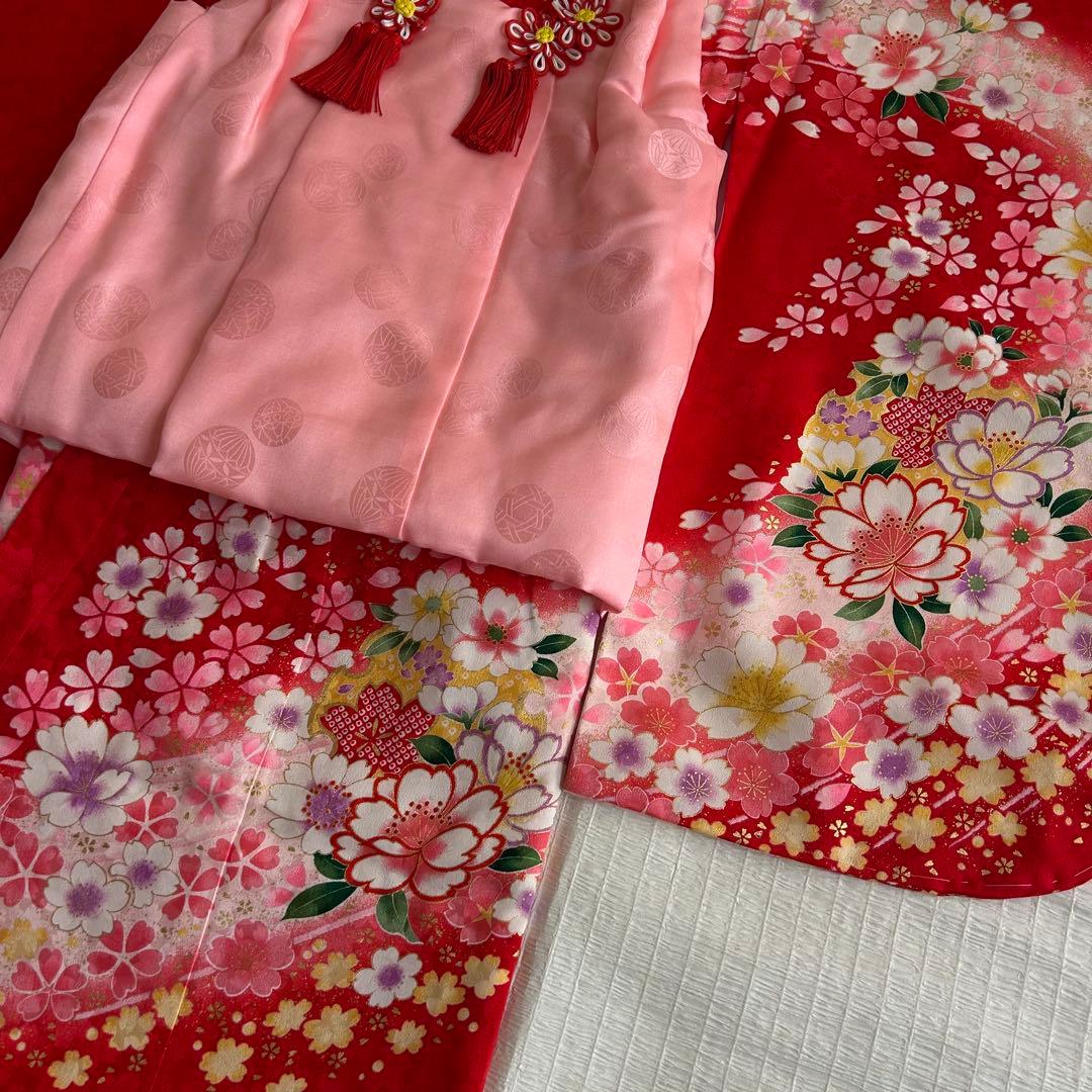 七五三 3歳 着物 被布 絹 三歳 赤 ピンク 753 巾着 女の子着物 子供