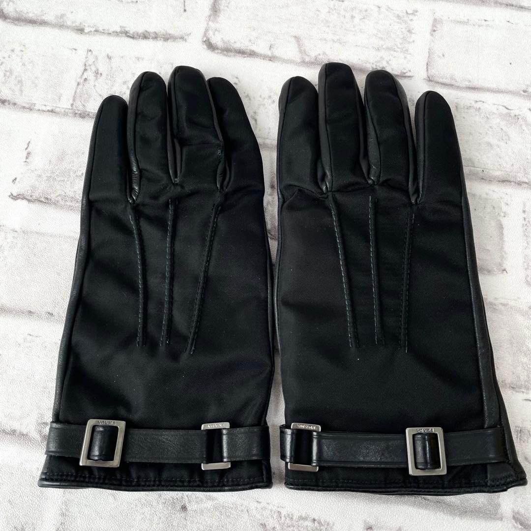 超希少✨プラダ　手袋　羊革　カシミヤ　ナイロン　ベルト　ロゴ刻印　黒