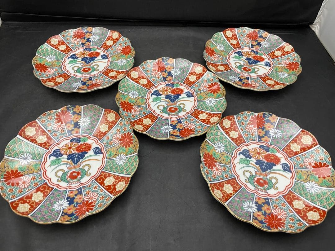 有田焼　陶扇　錦絵　金彩色絵　銘々皿　5枚　菊割皿